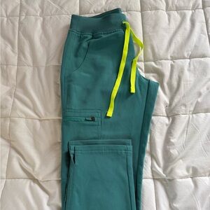 Figs Teal Jogger Pants with Neon Yellow Accents